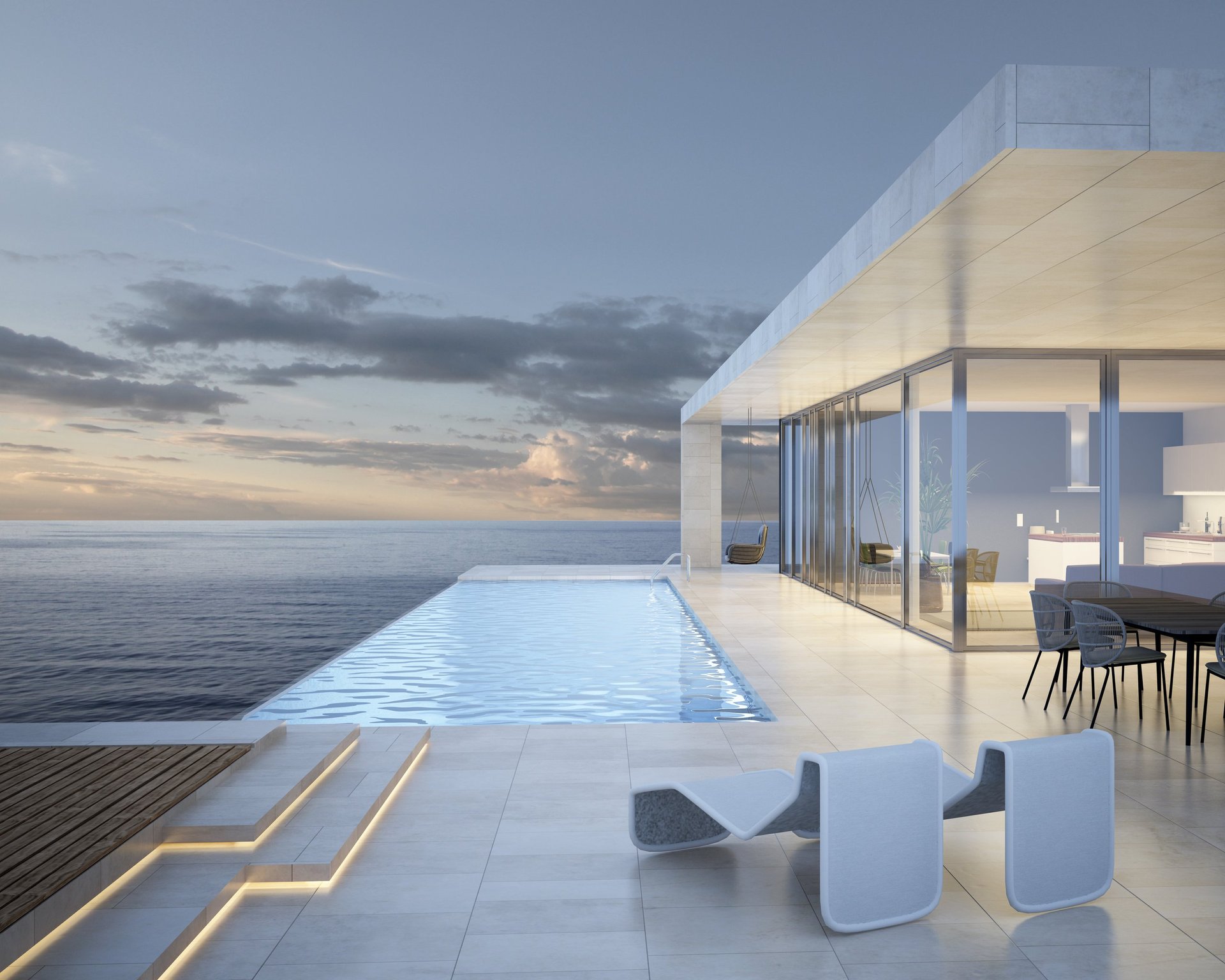 3d rendering of a modern villa with infinity pool and sea view