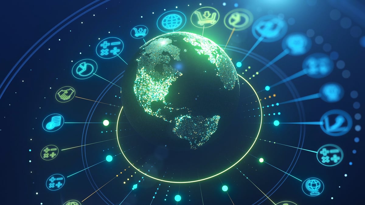 A futuristic digital visualization of the Earth surrounded by finance, trade, and data analytics icons, representing global business, economic growth, and technology integration