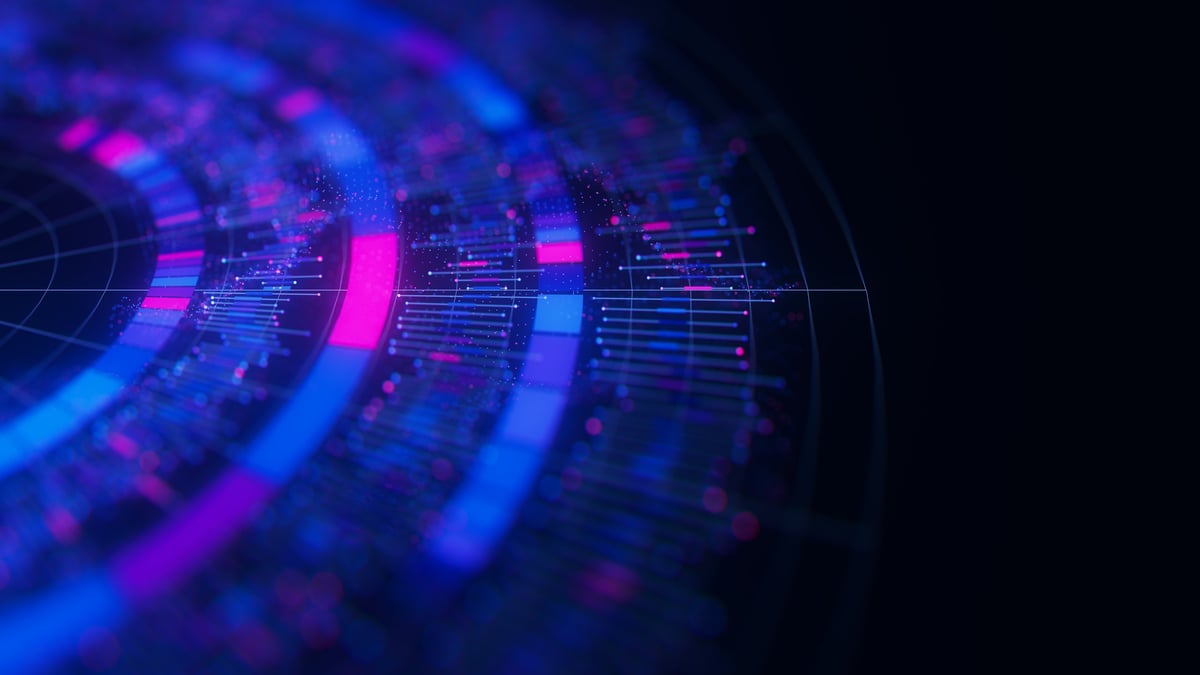 Closeup of Big Data complex round graph background. Quantum computing universe. Cyber space of AI technology. Futuristic graph.
