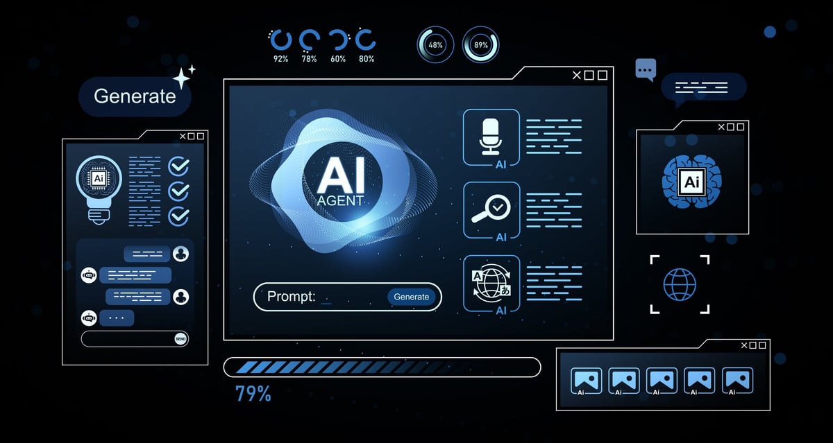 Futuristic AI agent interface with digital prompts, icons, and progress bar in glowing blue style. Concept of innovation.