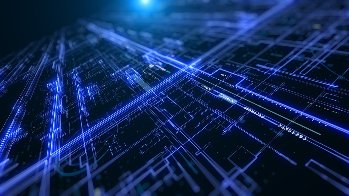 AI Digital Technology Background with Futuristic HUD Screen Interface. Blue Data Matrix Flow, Network Connections, and Big Data Analytics Dashboard.
