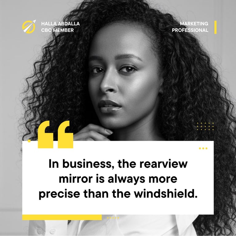 Professional headshot of Halla Abdalla, CBC member and marketing professional, with quote about business perspective.