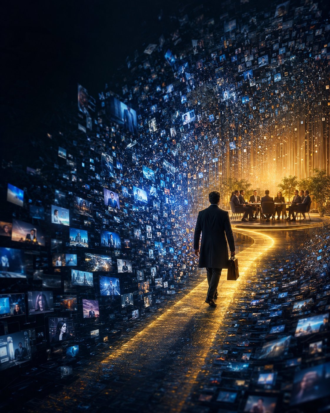 Businessman walking through tunnel of glowing digital screens and data streams towards golden light