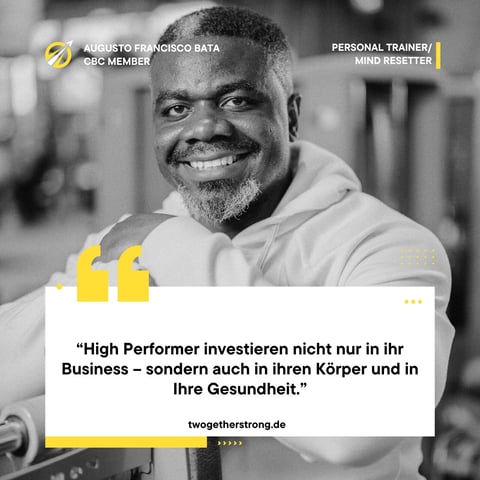 Portrait of Augusto Francisco Bata, personal trainer and mind resetter, smiling at camera with a quote about high performers investing in their health