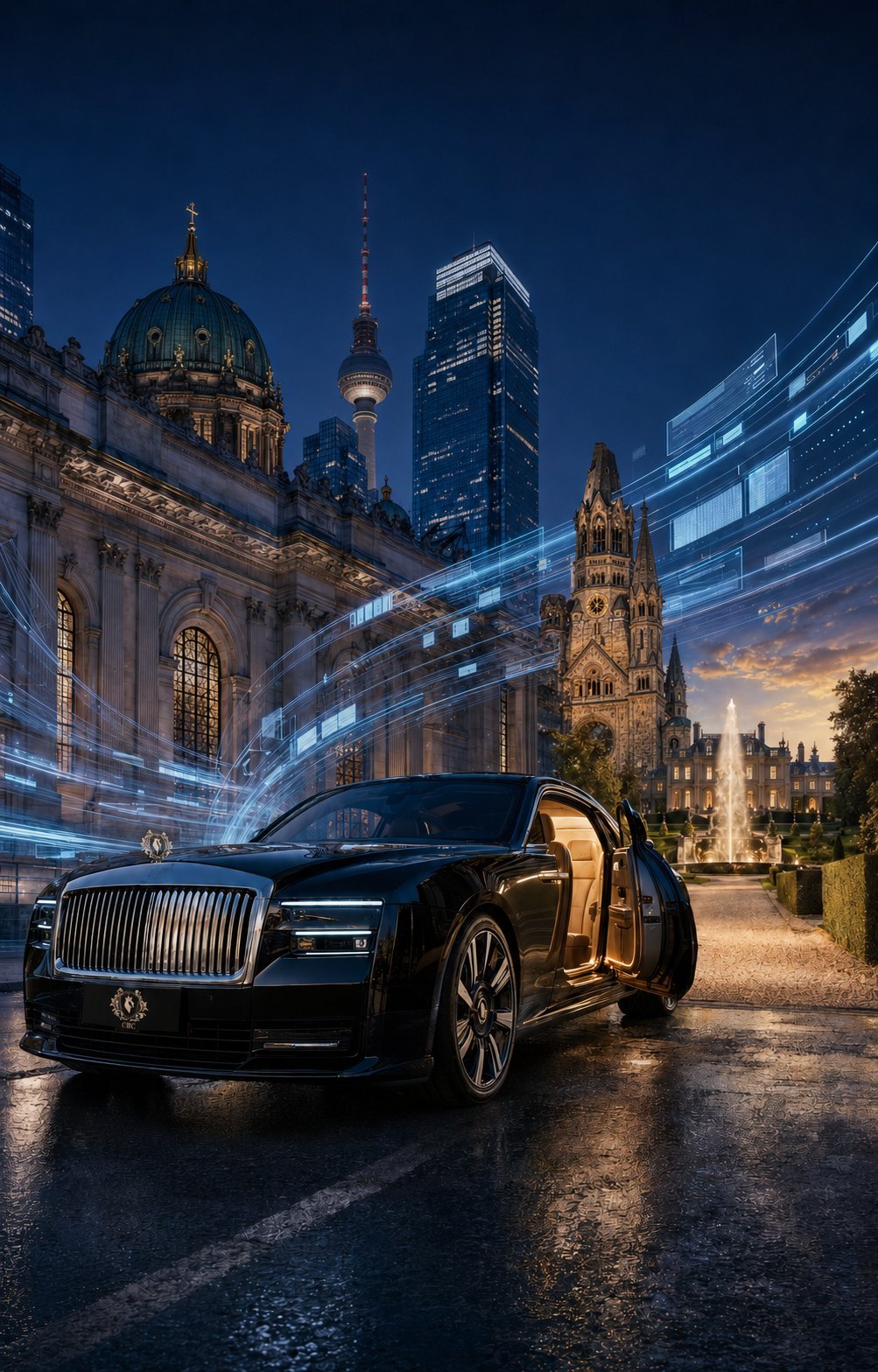 Luxury black sedan with glowing doors parked in Berlin cityscape at dusk with illuminated historical buildings and digital light trails